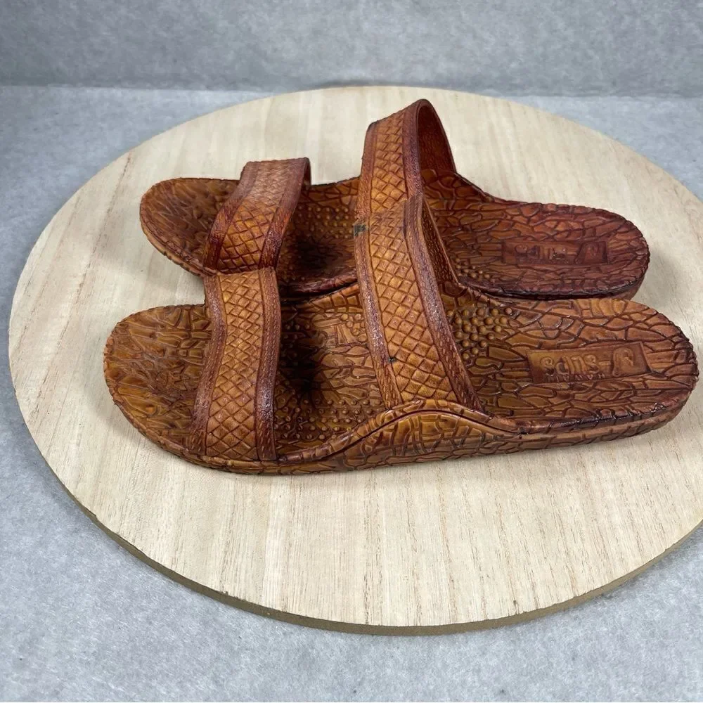 Hawaii J Slips Sandals Brown Tiki Textured Unisex Slip Ons Mens 6.5 Womens 8